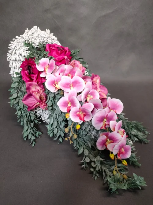 kompozycja na grób z orchideami i fuksją